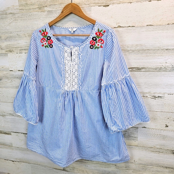 Crown & Ivy Womens Blue White Striped Cotton Top L Boho Chic Embroidered Blouse - Picture 2 of 11